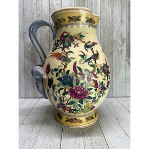 Vtg Chinese Tropical Birds and Floral Decor Pitcher Ceramic with Handle 10" Tall
